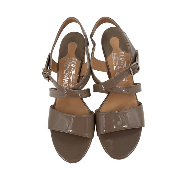 Salvatore Ferragamo Brown Patent Leather Cork Wedge Sandals Adjustable 9.5 - Picture 2 of 9